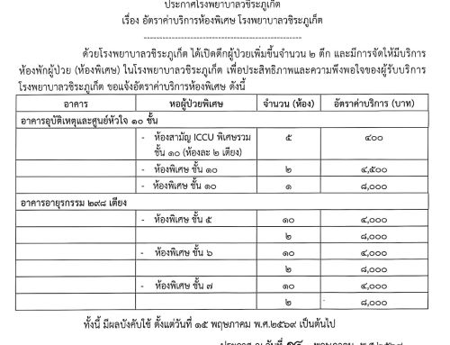 ประกาศโรงพยาบาลวชิระภูเก็ต เรื่อง อัตราค่าบริการห้องพิเศษ อาคารอุบัติเหตุและศูนย์หัวใจ และอาคารอายุกรรม 298